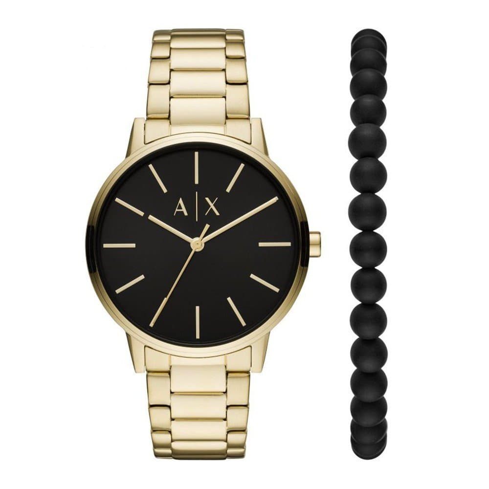 Ανδρικό Ρολόι Armani Exchange Cayde Box Set 42mm με Μαύρο Καντράν και Χρυσό Μπρασελέ