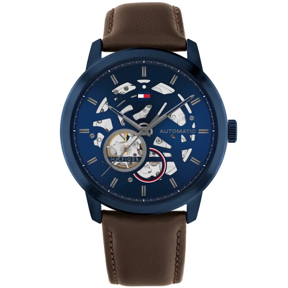 Ανδρικό Ρολόι Tommy Hilfiger Henry 1710660 – Αυτόματο, Καφέ Δερμάτινο Λουράκι, Μπλε Καντράν 43mm