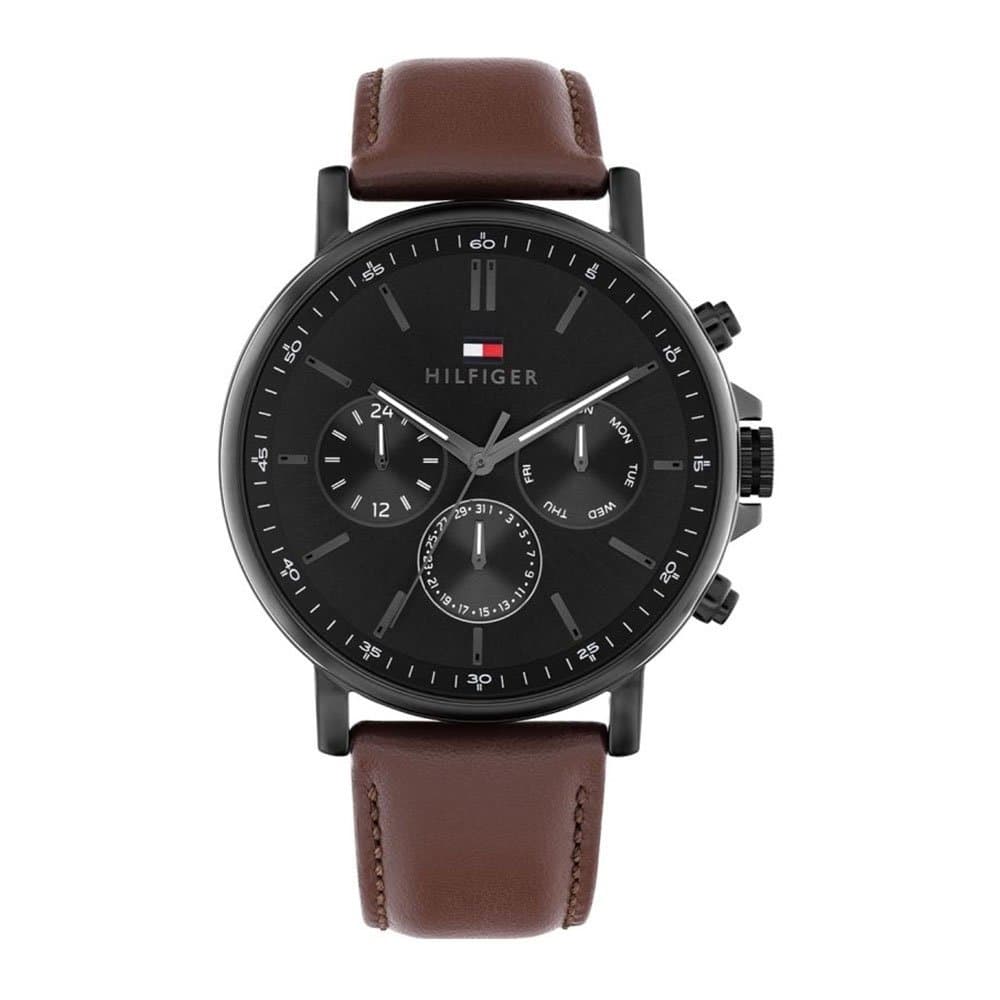 Ανδρικό Ρολόι Tommy Hilfiger Tyson – Καφέ Δερμάτινο Λουράκι, Μαύρο Καντράν 44mm