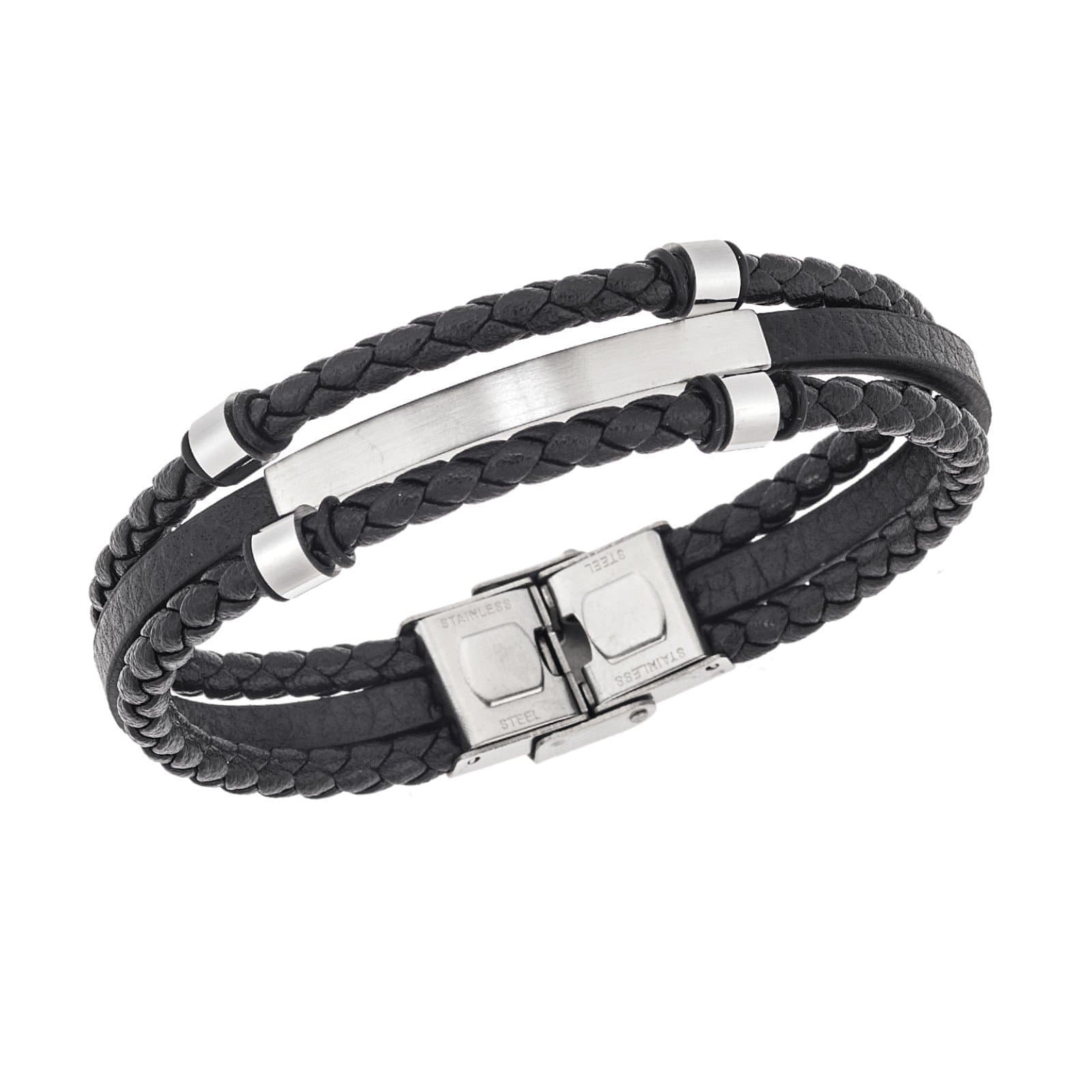 Ανδρικό Βραχιόλι Steel, Black Leather Strap, με Ασημί Ταυτότητα