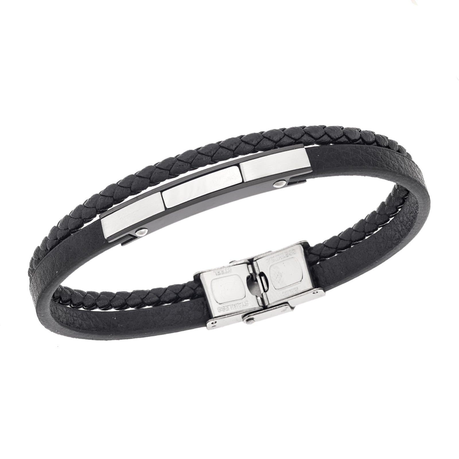 Ανδρικό Διπλό Βραχιόλι Men's Steel Βlack Leather Strap