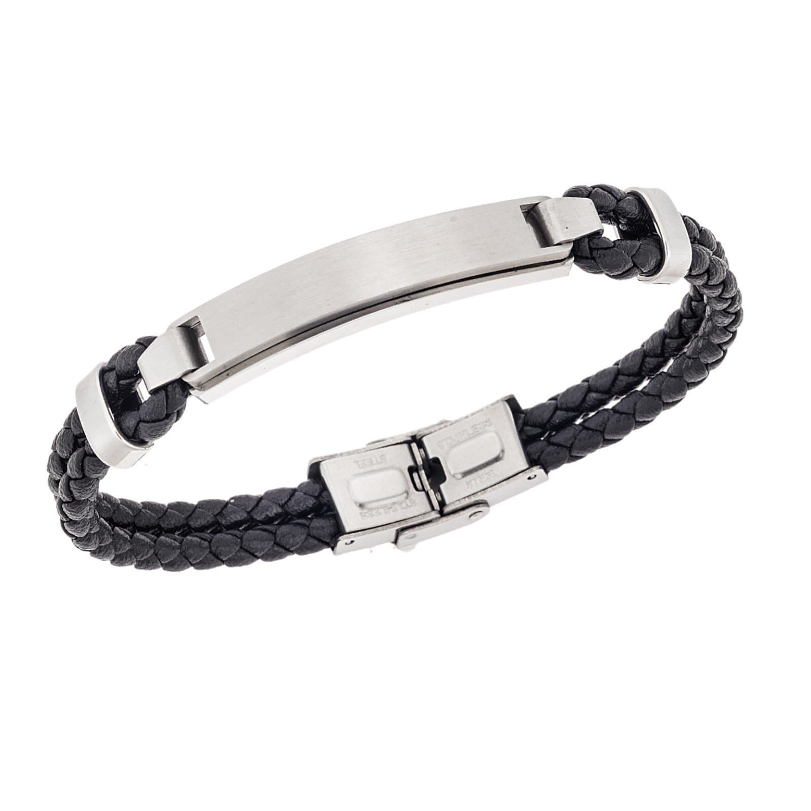 Ανδρικό Βραχιόλι Steel, Black Leather Strap, με Ασημί Ταυτότητα