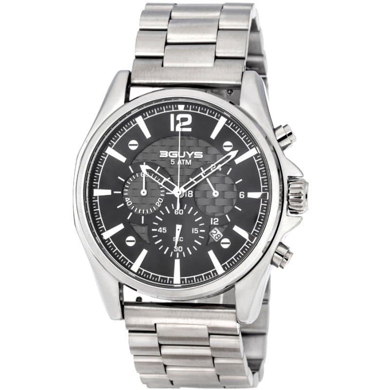 Ανδρικό Ρολόι 3GUYS Silver Chronograph με Μαύρο Καντράν & Ασημί Μπρασελέ 45mm