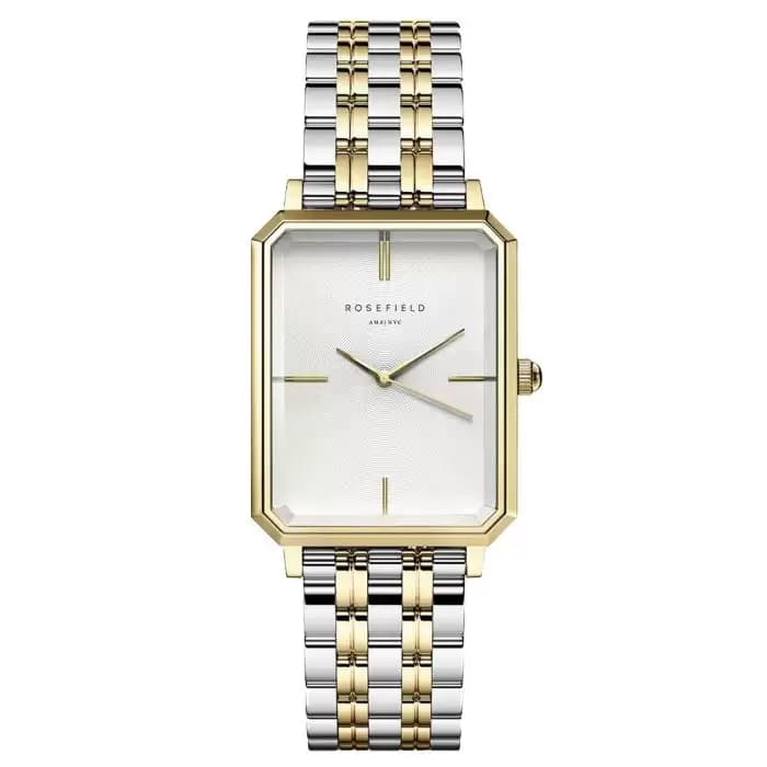Rosefield The Octagon Two Tone Γυναικείο Ρολόι με Λευκό Καντράν και Δίχρωμο Μπρασελέ από Ανοξείδωτο Ατσάλι