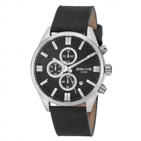 Ανδρικό Ρολόι Χρονογράφος με Μαύρο Δερμάτινο Λουράκι 44mm – Ανοξείδωτο Ατσάλι, 10ATM – 3GUYS