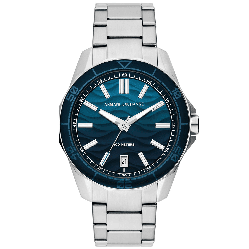Armani Exchange AX1950 – Ανδρικό Ρολόι με Κάσα 44mm, Μπλε Καντράν και Ασημί Μπρασελέ