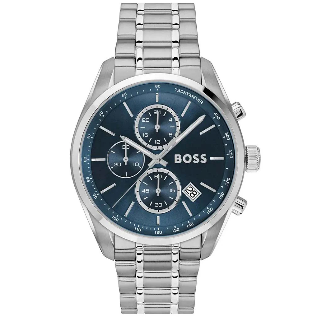 Ανδρικό Ρολόι Hugo Boss Grand Prix 1514226 – Χρονογράφος, Ασημί Ατσάλινο Μπρασελέ, Μπλε Καντράν 44mm