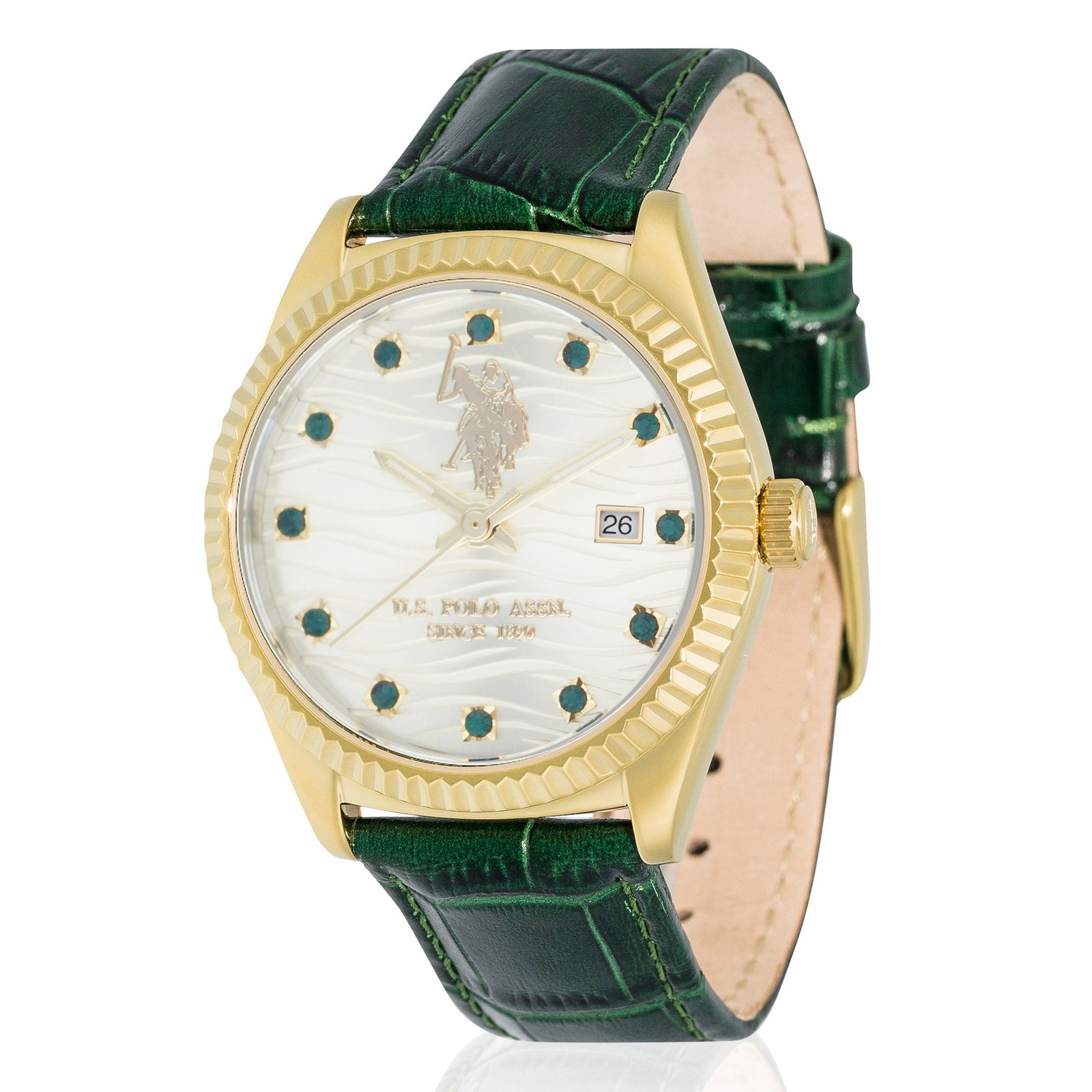 US POLO Assn Madison Γυναικείο Ρολόι Quartz 39mm Μεταλλικό Πράσινο με Ανοιχτό Χρυσό Καντράν και Πράσινες Πέτρες