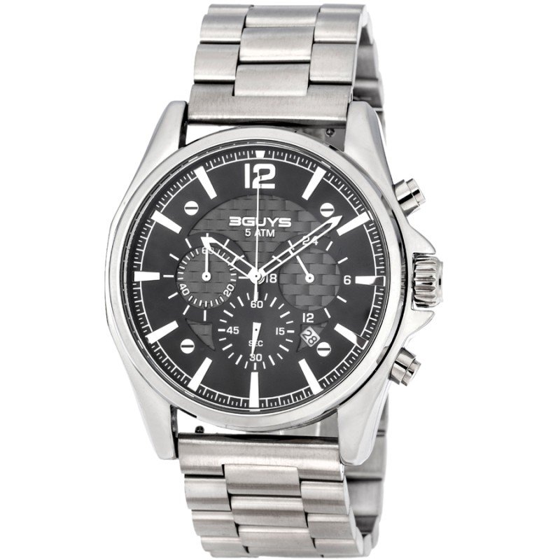 Ανδρικό Ρολόι 3GUYS Silver Chronograph με Μαύρο Καντράν & Ασημί Μπρασελέ 45mm